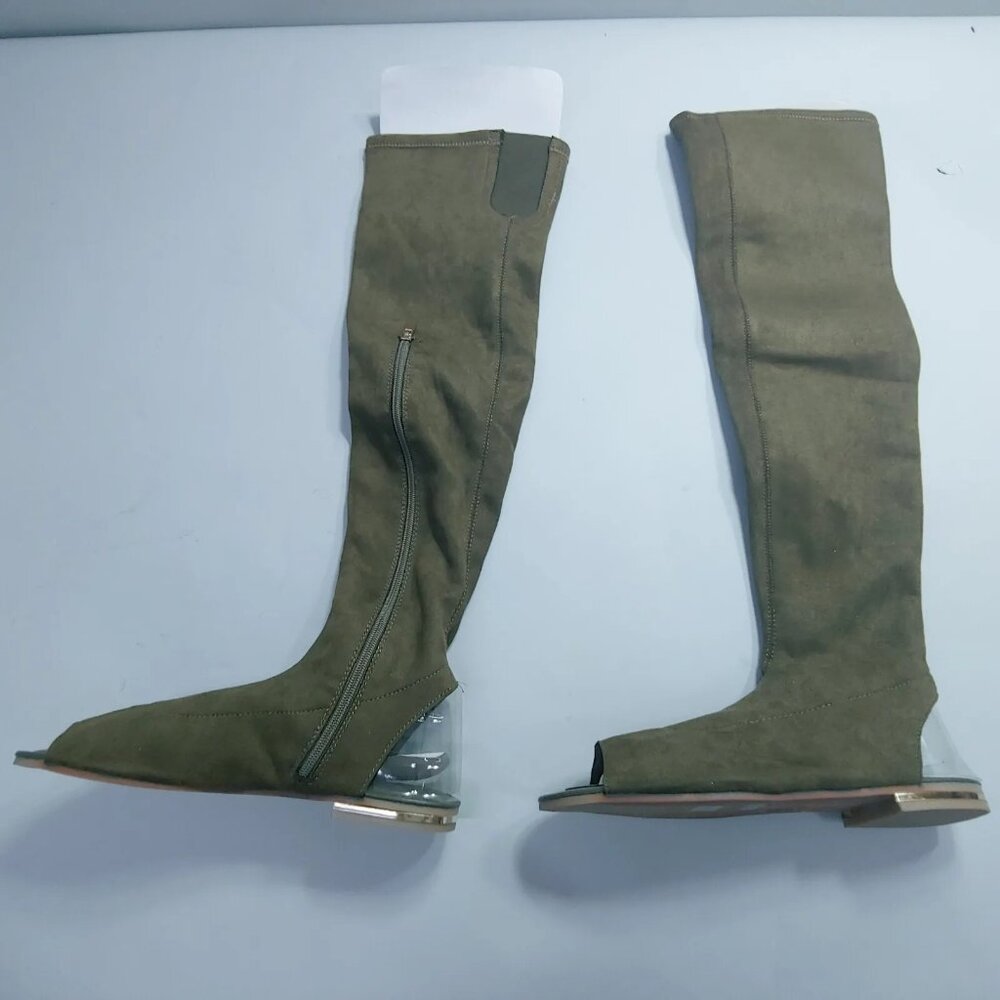 Bamboo Open Toe Open Heel Thigh High Flat Boots Women 6.5 Olive Green Faux Suede